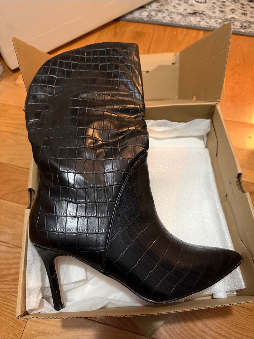 Black Croc-Embossed Pointed Toe Mid-Calf Boot